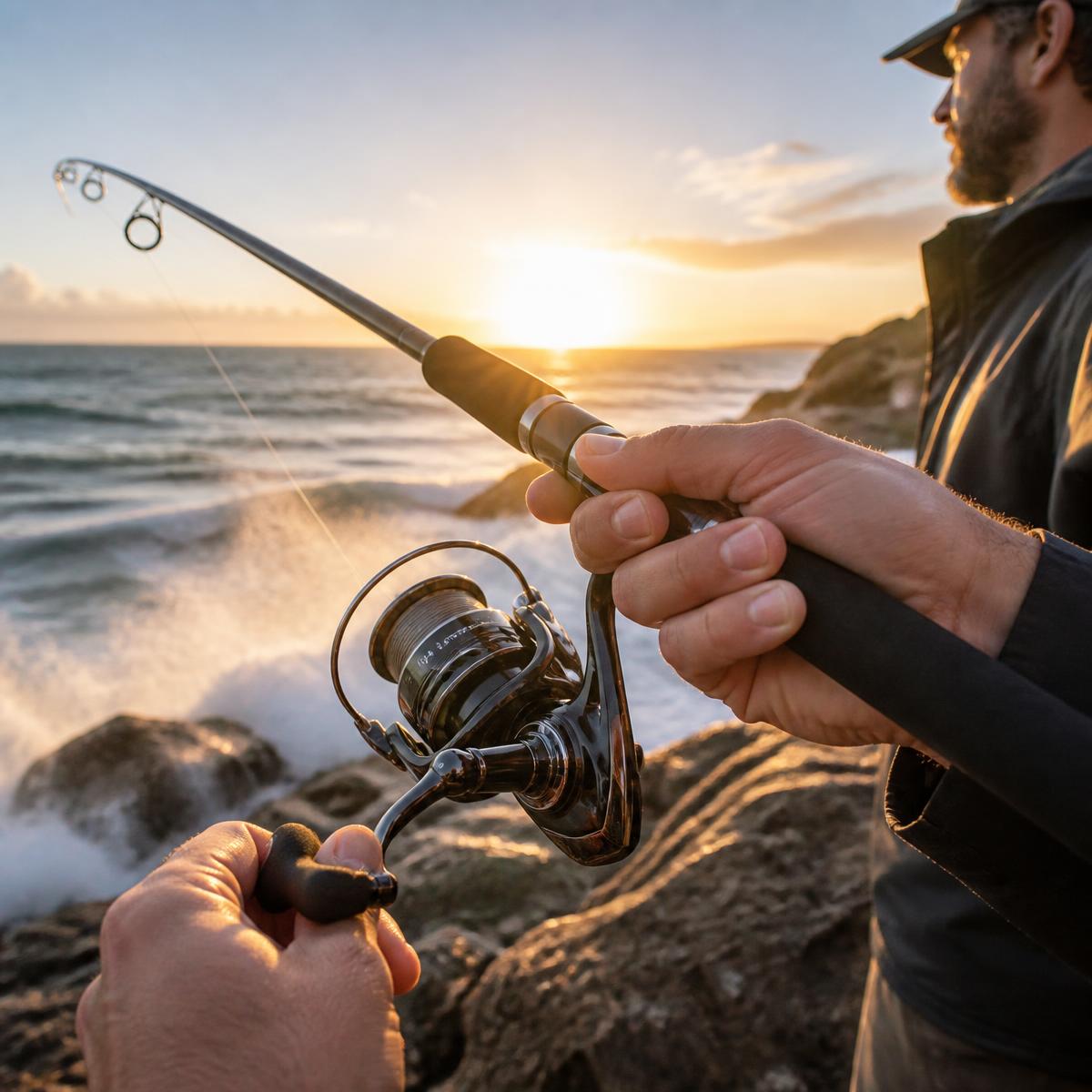 Pescador utilizando o Molinete HE Série no costão