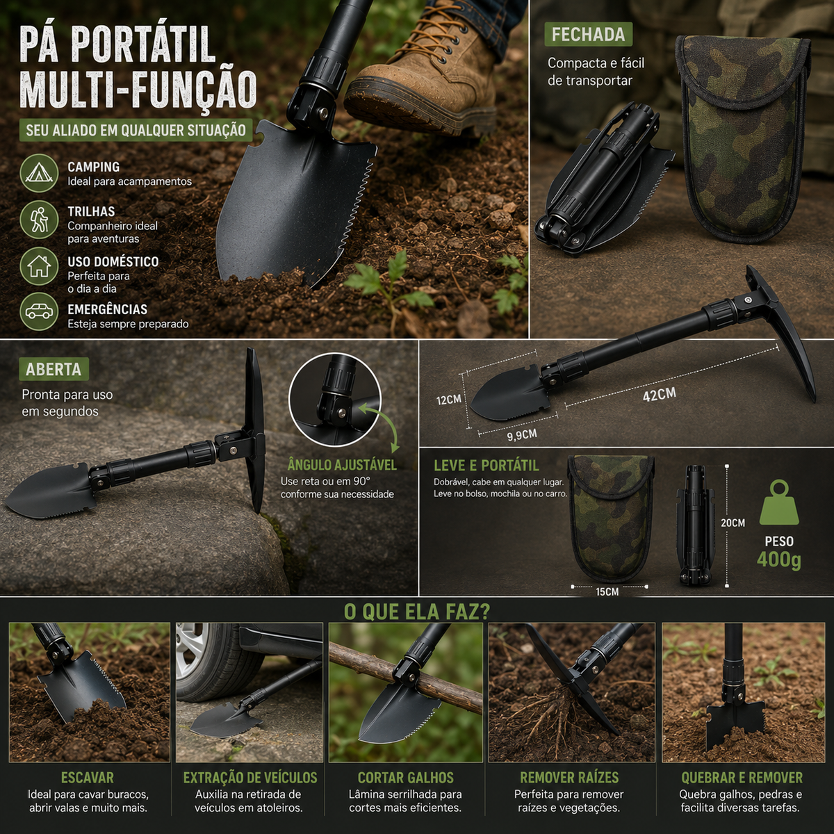 Pá Portátil Dobrável Militar Multifunção para Camping e Acampamento