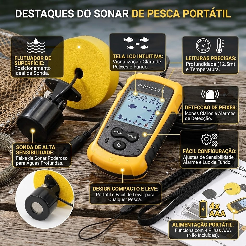 Sonar portátil para pesca com sonda e feixe de 45 graus