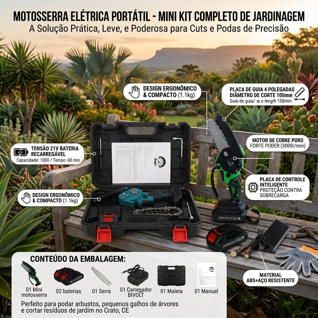 Mini Motosserra Elétrica Sem Fio Portátil 4 Polegadas Bivolt com 2 Baterias e Maleta