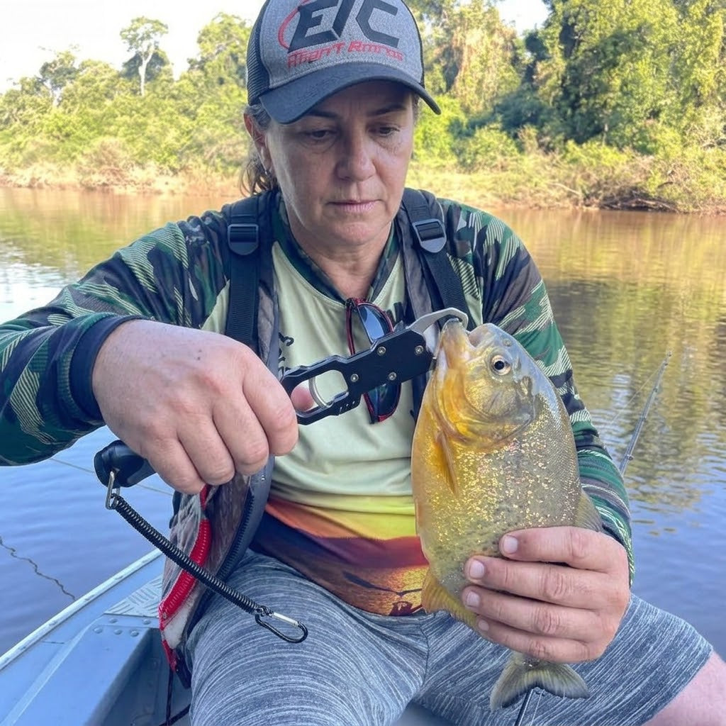 Pinça de pesca com cordão de segurança para contenção de peixes
